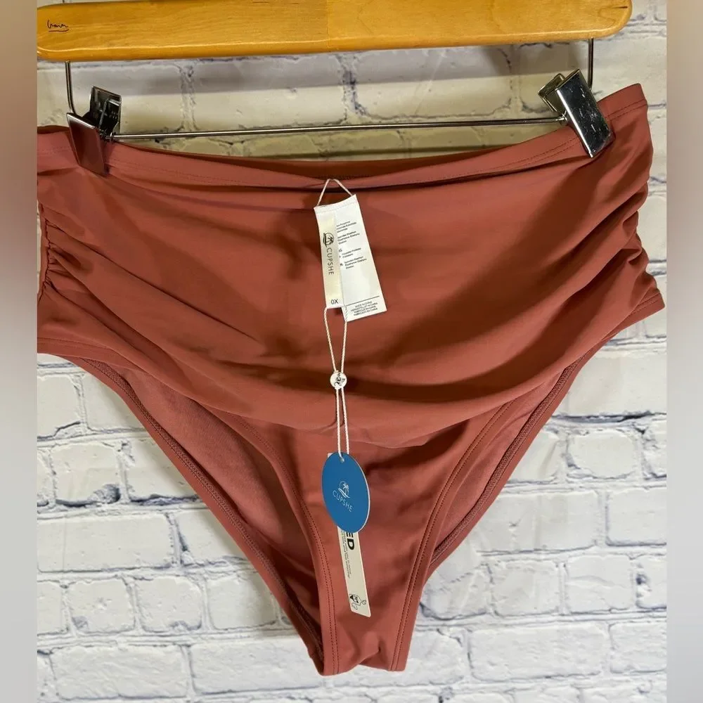 NWT Cupshe Floral Brown and White Bikini Top and Solid Bottom Beach Swimsuit 0X